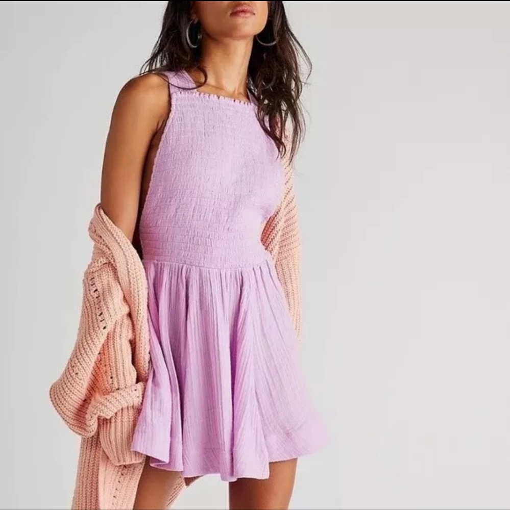 Free People Pastel Lilac Mini Dress with Smocked Bodice